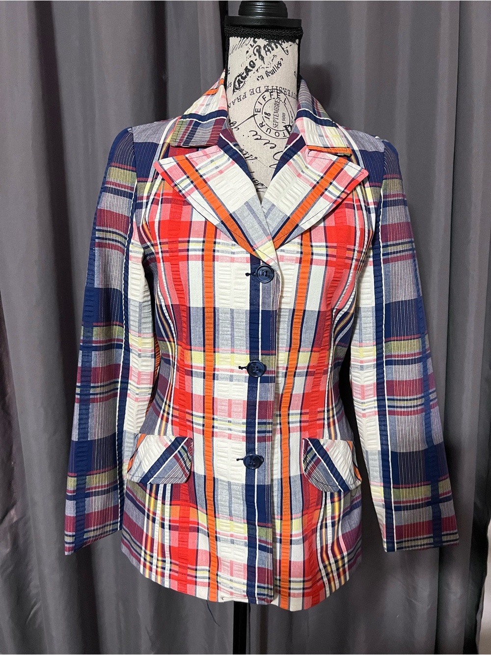 Vintage 70s Rainbow Coat Plaid Blazer Jacket Seersucker USA ILGWU Tailored 4/6